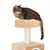 Brown tabby cat sitting on a beige scratching post with padded lying surface and sisal post.