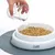 Hand pouring water from a glass into a white food bowl with grains. Bowl is on a grey non-slip mat, 'catit' brand visible.