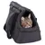Sac de transport noir en tissu avec un chat tigré à l’intérieur, ouverture zippée visible sur le côté, poignée et bandoulière apparentes.