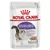 ROYAL CANIN STERILISED 85g, Loaf-Mousse-Paté für kastrierte ausgewachsene Katzen. Abbildung einer Katze und Futterstücken auf der Verpackung.