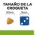 Tamaño de la croqueta: 8,9 mm junto a un dado azul de 16 mm para comparación visual.