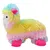 Plush toy shaped like a colourful llama with yellow, pink and blue fur and pink feet.