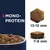 MONO-PROTEIN, torrfoderbitar i skål samt närbild på bit med mått: 13–15 mm i diameter och 7–9 mm i höjd.