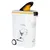 Food container with yellow lid, illustration of a dog with bowl and text 'so tasty' and 'dinner is served'.