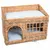 Braided basket with two levels, lower level with entrance and upper level with white cushion. Made of rattan.