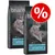 Two bags of Briantos Adult Salmon & Potato dry dog food, 12 kg each, with grain-free recipe and semi-moist kibble icons. Large red percentage discount symbol in top right.