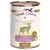 Terra Canis LIGHT, game with cucumber, peach & dandelion. Label shows <4% fat, 100% natural. Text also in German: Wild mit Gurke, Pfirsich & Löwenzahn. Image of a stag on the tin.