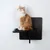 Piattaforma per gatti nera da parete con un gatto arancione e bianco sopra. Piattaforma in legno con superficie e supporto neri.