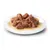 Primo piano di pezzi di carne in salsa su un piatto bianco, esempio di prodotto per alimenti per animali.