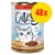 Catesse Yummmmeow! With Beef, Jelly-cious, 400 g dåse kattemad. Stor gul cirkel med rød tekst: 48x. Ingen tilsat sukker. Billede af kat og tallerken med foder på emballagen.
