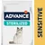 Confezione Advance affinity STERILIZED, immagine di gatto bianco e grigio, testo verticale SENSITIVE visibile sul lato destro.