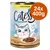 Catessy macskaeledel csirkehússal, 24×400 g, konzerv dobozon: Jelly-cious!, no added sugar, 400 g. Macskás illusztráció és tál étel látható.