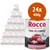 Rocco Trio di Carne, 24 lattine da 800 g. Testo visibile: '3 meat varieties', 'Beef with chicken and veal'. Immagine delle lattine e carne sul fronte confezione.