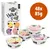 Greenwoods Joy confezione mista per gatti adulti, 48 vaschette da 85 g. Gusti visibili: Just Chicken, Chicken & Veal, Tuna Turkey, Turkey Salmon. Testo sulla scatola e sulle vaschette.