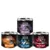 Cztery puszki Wild Freedom 200 g: Wide Country Chicken, Cold River Chicken with Pollock, High Valley Chicken with Beef, Wild Hills Chicken with Duck. Widoczne zdjęcia kota i krajobrazy.