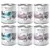 Six cans of Wolf of Wilderness Junior wet food, Blue River with salmon and chicken, Wild Hills with duck and veal, labelled 100% grain-free recipe, each can 800g.
