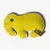Yellow plush toy shaped like an elephant with stitched details and a visible fabric tag attached.