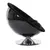 Black, semi-circular pet armchair with shiny chrome base and soft plush upholstery.