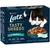 Purina Latz Tasty Shreds Fish Selection kattemad, 12 x portionsposer. Tekst: skurna strimlor, nyhtopaloja, laks, tunfisk, torsk, rødspætte. Billede af kat og skål med foder.