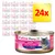 Feline Porta 21 kattemad, dåse med teksten 'GANZES THUNFISCHFLEISCH WHOLE TUNA MEAT mit/with Shrimps', billede af kat, 24x vises i gul boks