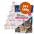 Feline Porta 21 Feines Hühnerfleisch, Fine Chicken Meat, pur/pure, sin azúcares añadidos, pack de 24 sobres de 100 g de comida húmeda para gatos. Imagen del producto y varios sobres al fondo.