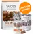 Wolf of Wilderness oferta de prueba: saco Oak 100% grain-free, bote Wild Acres corazones de pollo liofilizados, lata Wild Hills. Textos en inglés y alemán visibles en los envases.