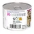 Feeding guide table showing daily portions by weight in kilograms, recycling instructions, manufacturer details, barcode and partial image of a dog on the can label.