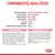 Componentes analíticos: proteína bruta 34 %, grasa bruta 12 %, ceniza bruta 7,4 %, fibra bruta 9,8 %, calcio 1,04 %, fósforo 0,95 %, omega-3 (DHA) 0,14 %. Composición y aditivos visibles.