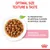 Product features: optimal size, texture and taste; no preservatives, artificial flavours or colours; instinctively preferred by kittens. Image shows food pieces in gravy on a plate.