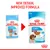Royal Canin Puppy Medium 140 g, før og efter: ny emballage med teksten '2–12 months/mois', 'MEDIUM', 'ADULT WEIGHT 11–25 kg', 'NO PRESERVATIVES'. Øverst: New design, improved formula.