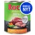 Rocco MENU 800 g, Beef, poultry, vegetables & rice. KOKEILE NYT -merkintä. Enriched with carbohydrates. Kuvassa lihaa, kanaa, herneitä, porkkanaa ja riisiä.