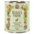 Rosie's Farm Poacher's Pot Venison z łososiem i bażantem, Adult, 800 g, bez zbóż. Ilustracja z psem, jeleniem i kwiatami na zielonym tle.