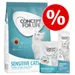 Concept for Life Sensitive Cats macskaeledel csomag, látható: száraz táp, alutasakos eledel és paszta, fehér macskával, nagy százalékjel akcióhoz.