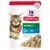 Pouch labelled Science Plan Kitten under 1 with ocean fish, chunks and gravy, showing food pieces in sauce and a kitten image. No artificial preservatives, flavours or colours.