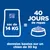 Sac de 14 kg = 40 jours de repas, données basées sur un chien de 30 kg. Illustration d’un sac et d’une gamelle de croquettes.
