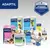 Selection of ADAPTIL dog products including Calm, Junior, Chew, and Transport. Visible text: 'Veterinary recommended', 'Clinically proven', 'Better Together'. Blue and yellow packaging.