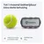 Tractive apparaat naast tennisbal, tekst: Tot 1 maand batterijdduur, extra sterke behuizing. Ideaal voor honden van 22 kg en meer, 97x51x24 mm, 115 g.