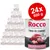 Rocco Trio di Carne, 24×800 g konzerv. Na etiketě: 3 Meat Varieties, Beef with chicken and veal. Zobrazeny kusy masa a nápisy v angličtině i němčině.