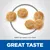 Kibble pieces shown with text stating kibble size approximately 3.5 by 9 millimetres and the phrase 'Great Taste' highlighted below.