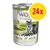 Lot de 24 boîtes Wolf of Wilderness Senior Green Fields, 400 g, agneau et poulet, 100 % grain-free, illustration de loup sur l’emballage.