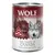 Wolf of Wilderness The Taste of Canada, 100% grain-free recipe, 400 g. Boîte avec illustrations d’animaux et paysage de forêt.