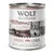 Wolf of Wilderness Strong Lands, 100% grain-free, porc avec baies sauvages, racines et herbes, boîte de 800 g. Texte en anglais et allemand visible sur l’étiquette.