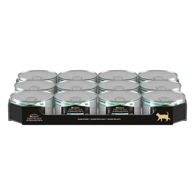 Tray containing twelve cans of Purina Pro Plan Veterinary Diets Feline Mousse, with visible cat silhouette and product labels on the packaging. Tray containing twelve cans of Purina Pro Plan Veterinary Diets Feline Mousse, with visible cat silhouette and product labels on the packaging.