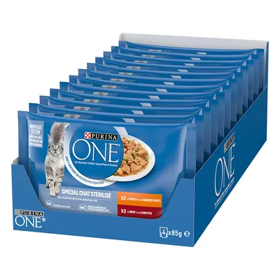 Purina ONE Spécial Chat Stérilisé, 4 x 85 g saszetki dla kota; widoczne smaki: kurczak z fasolką szparagową, wołowina z marchewką. Opakowanie zbiorcze.