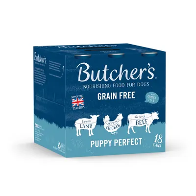Butcher's grain free nourishing food for dogs, Puppy Perfect variety pack with 18 cans: 6 lamb, 6 chicken, 6 beef. Contains omega 3 and 6. Supporting British farmers.