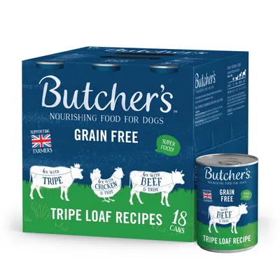 Butcher's grain free tripe loaf recipes, 18 cans. Includes 6 with tripe, 6 with chicken and tripe, 6 with beef and tripe. Super food. Supporting farmers.