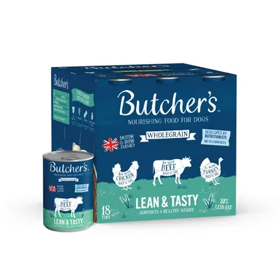 Butcher's wholegrain nourishing food for dogs, 18 tins with chicken, beef, and turkey, lean and tasty, supports healthy weight, developed by nutritionists, British and Irish farmed.