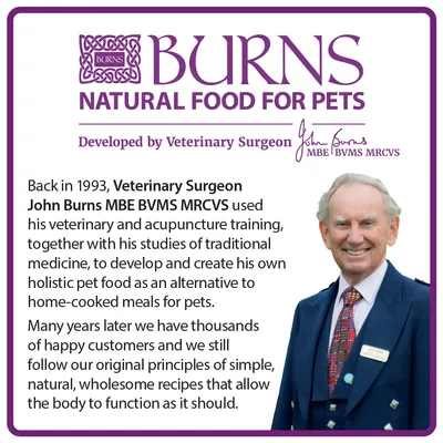 Burns Natural Food for Pets developed by veterinary surgeon John Burns, who used his training to create holistic pet food as an alternative to home-cooked meals, following natural principles.