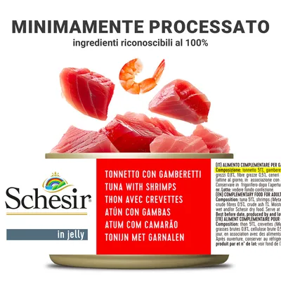 Schesir in jelly, tonnetto con gamberetti. Testo: minimamente processato, ingredienti riconoscibili al 100%. Etichetta multilingue e lista ingredienti visibile sulla confezione.