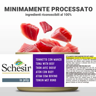 Schesir in jelly, tonnetto con manzo. Testo: minimamente processato, ingredienti riconoscibili al 100%. Etichetta multilingue e dettagli composizione visibili sulla confezione.